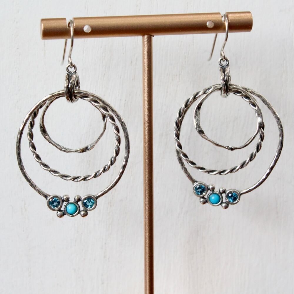 Vintage PZ Sterling Silver Blue Topaz & Turquoise Triple Hoop Dangle Earrings